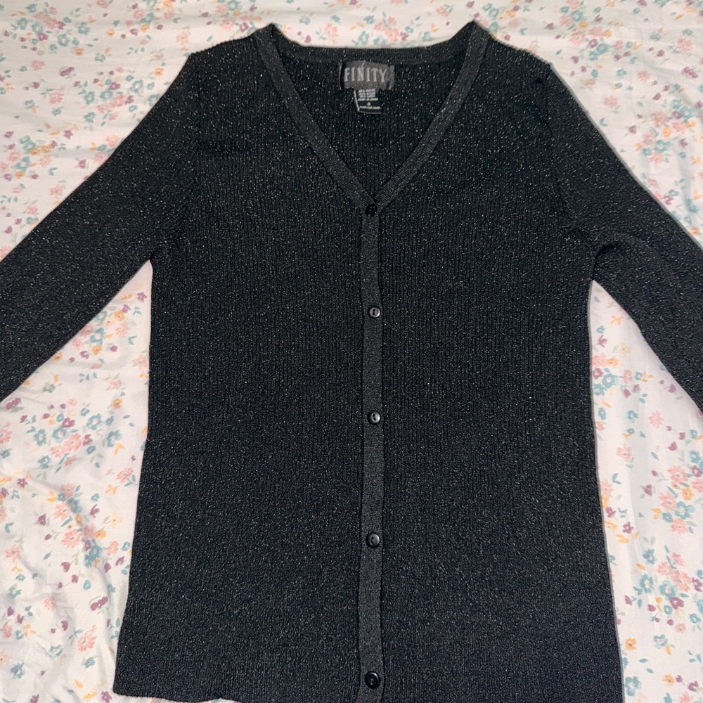 Finity Black & Silver Metallic Sparkle Ribbed V-neck Cardigan S